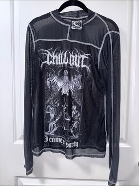 Killstar Black Sheer Goth Mesh Long Sleeve Top with White Graphic